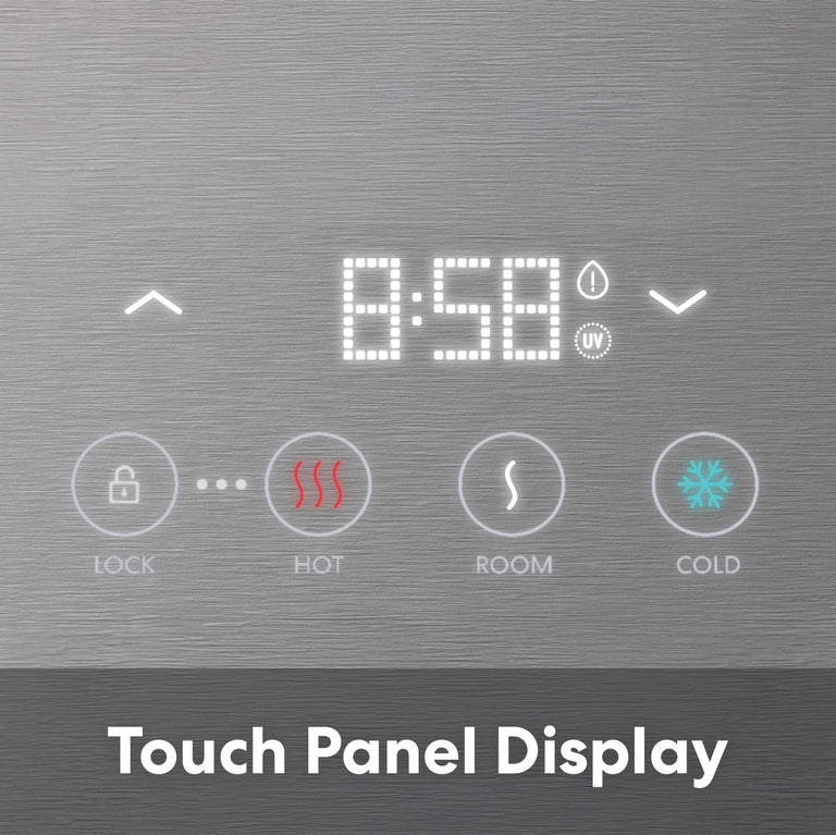 The Brio 740 Series Bottom Load Cooler has a touch panel display with digital clock and hot, cold and room temperature buttons